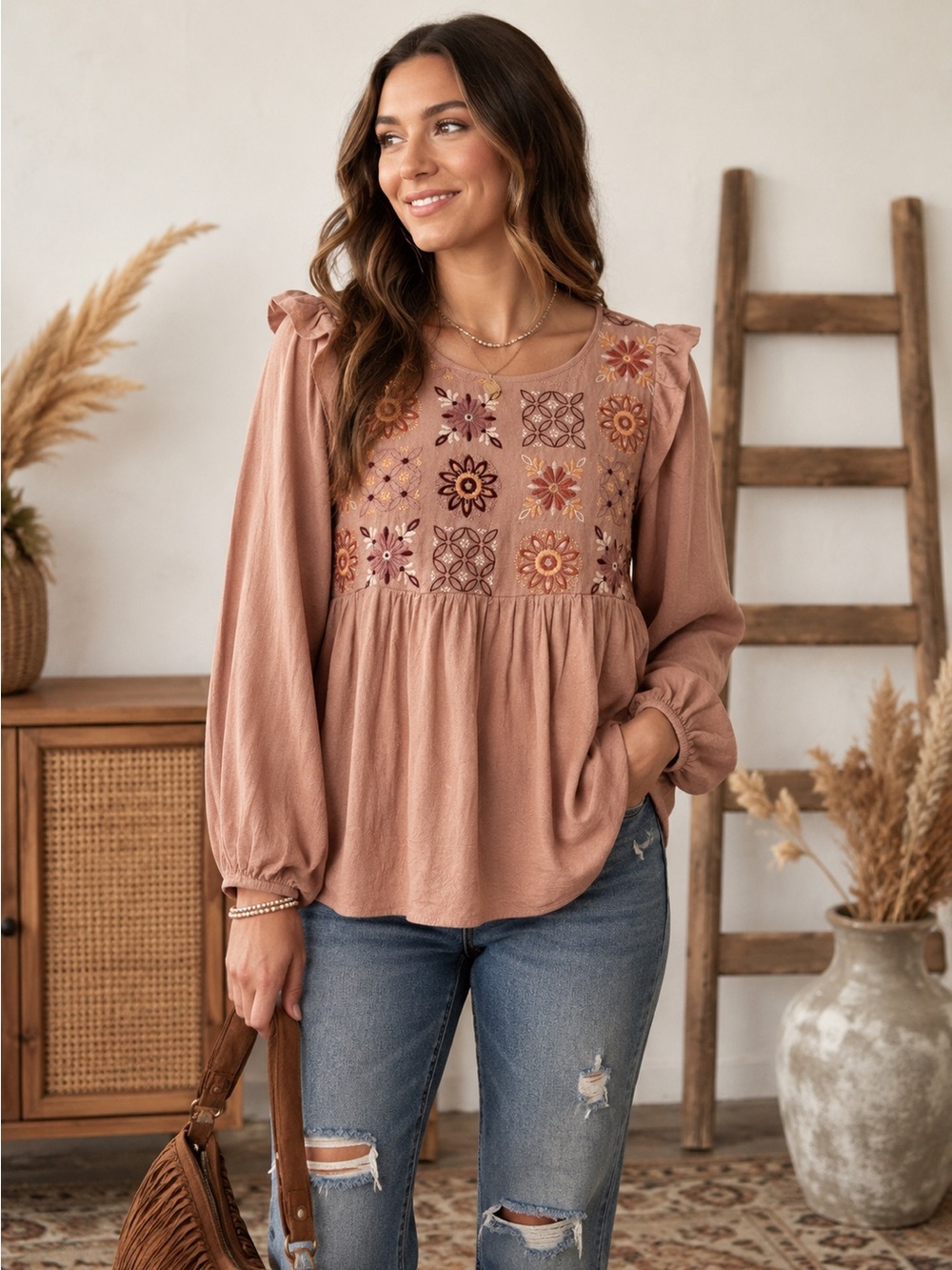 Savanna Jane Rosewood Embroidered Peasant Blouse